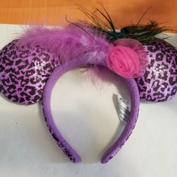 Rare WDW Minnie Mouse Ears Purple Leopard Print Peacock Feather Headband - Picture 1 of 2
